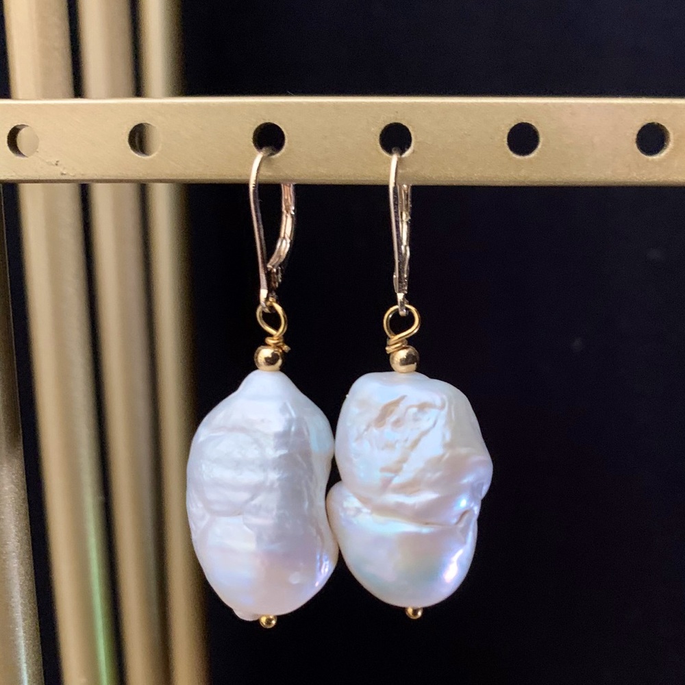 Genuine Keshi Pearl Earrings 20mm 14k GoldFindings
